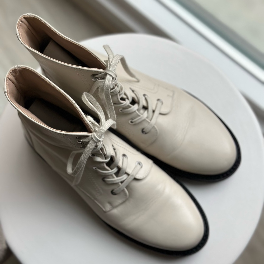 White/cream leather Stuart Weitzman lace up boots